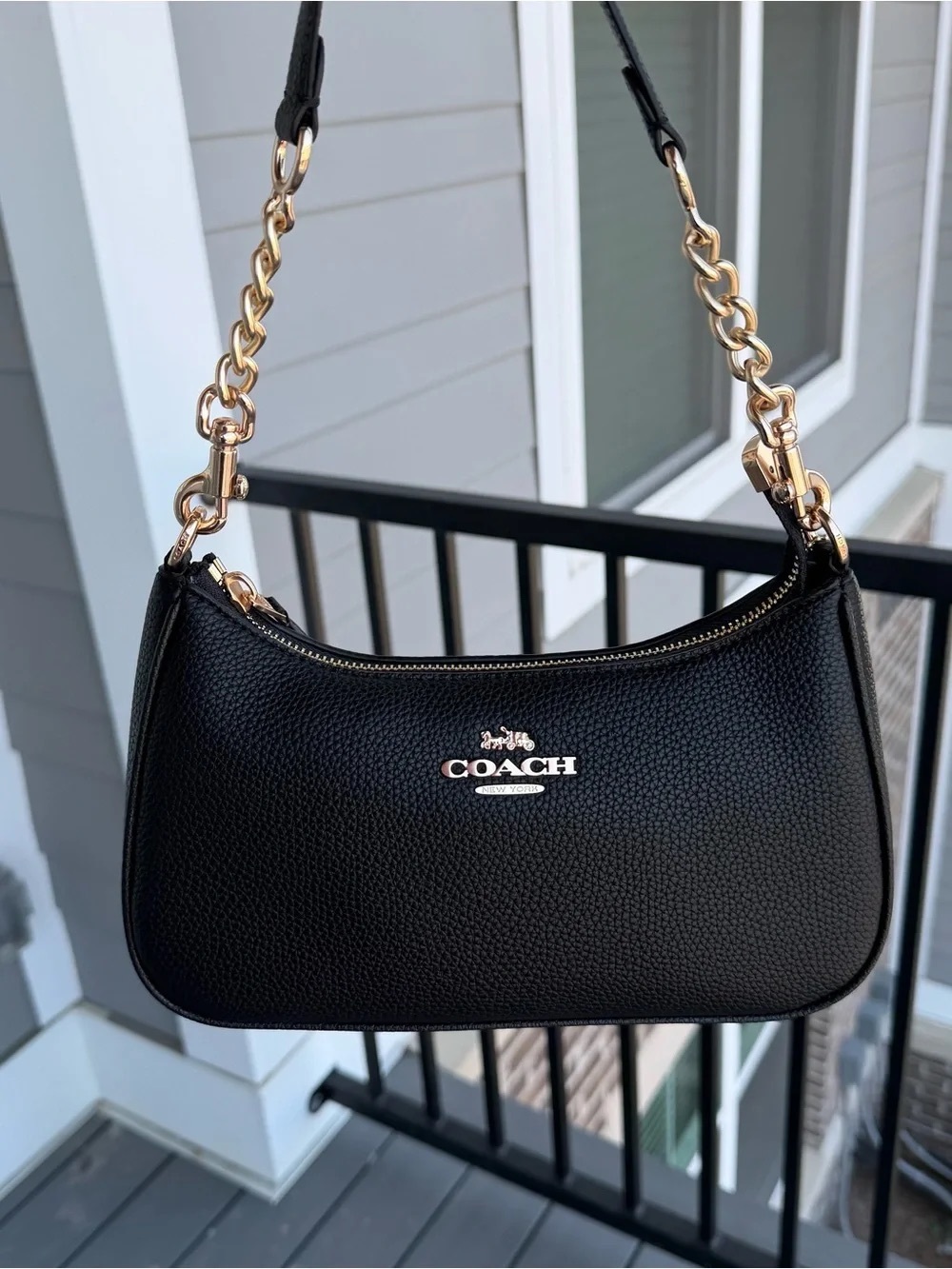 Coach Black Pebbled Leather Shoulder Bag with Gold Chain